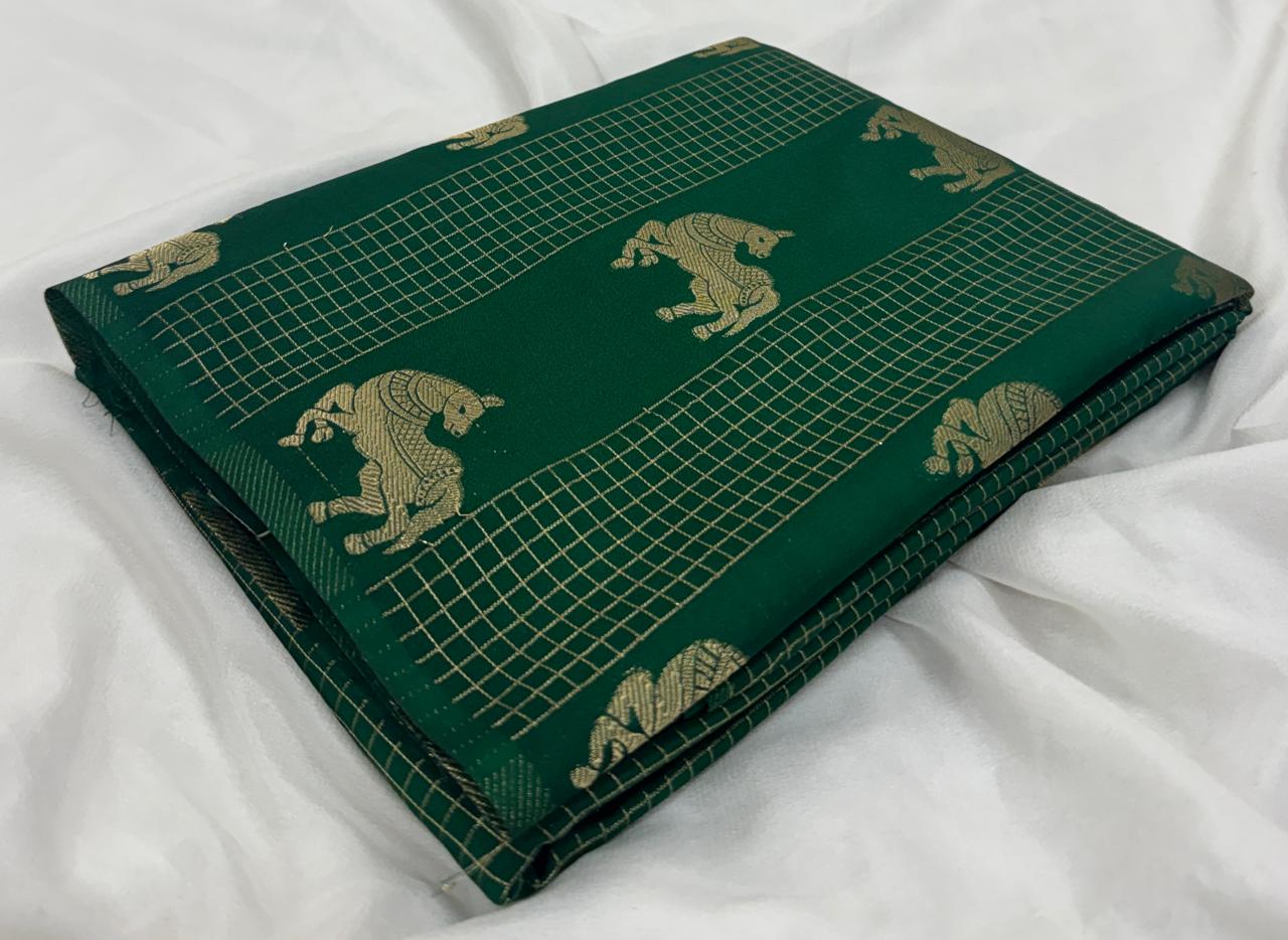 Pure Crepe Checks Saree with Satin Border & Deer Weaving Design Silk Saree